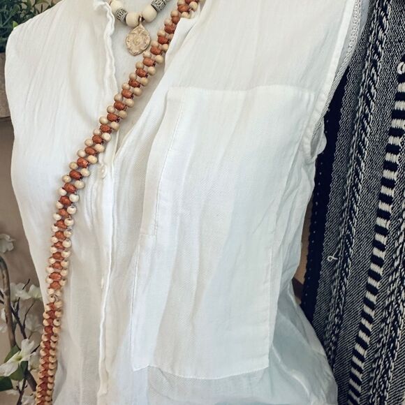 Burning Torch Bohemian White Button Down Sleeveless Oversized Pocket Blouse - Picture 6 of 12